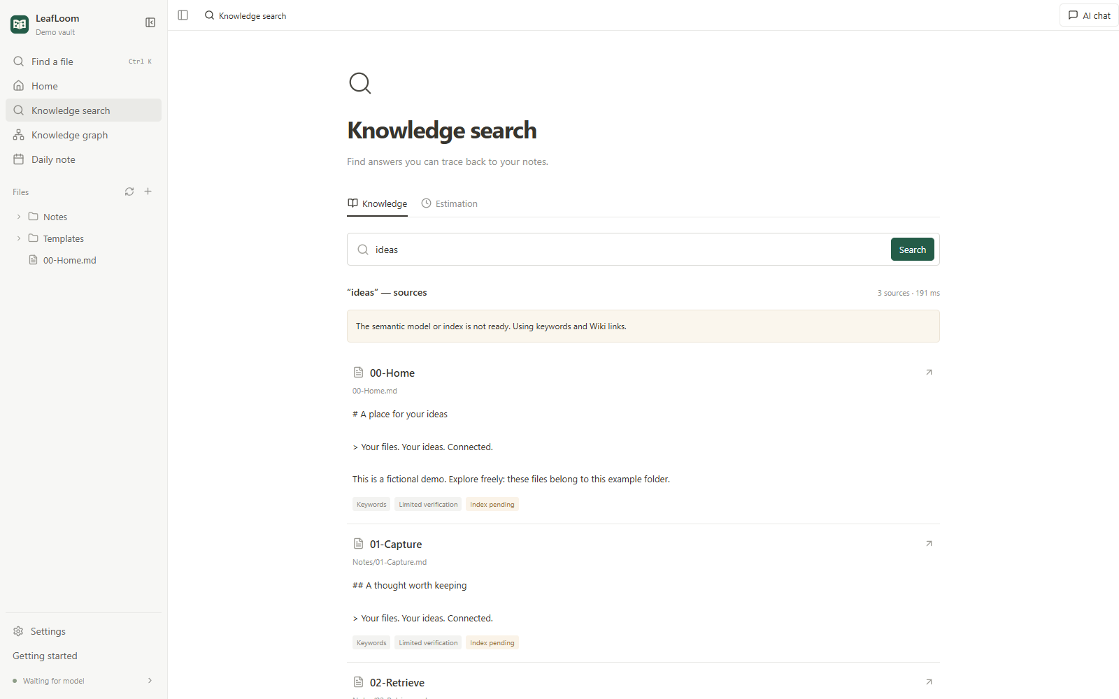 LeafLoom search results linking back to original notes