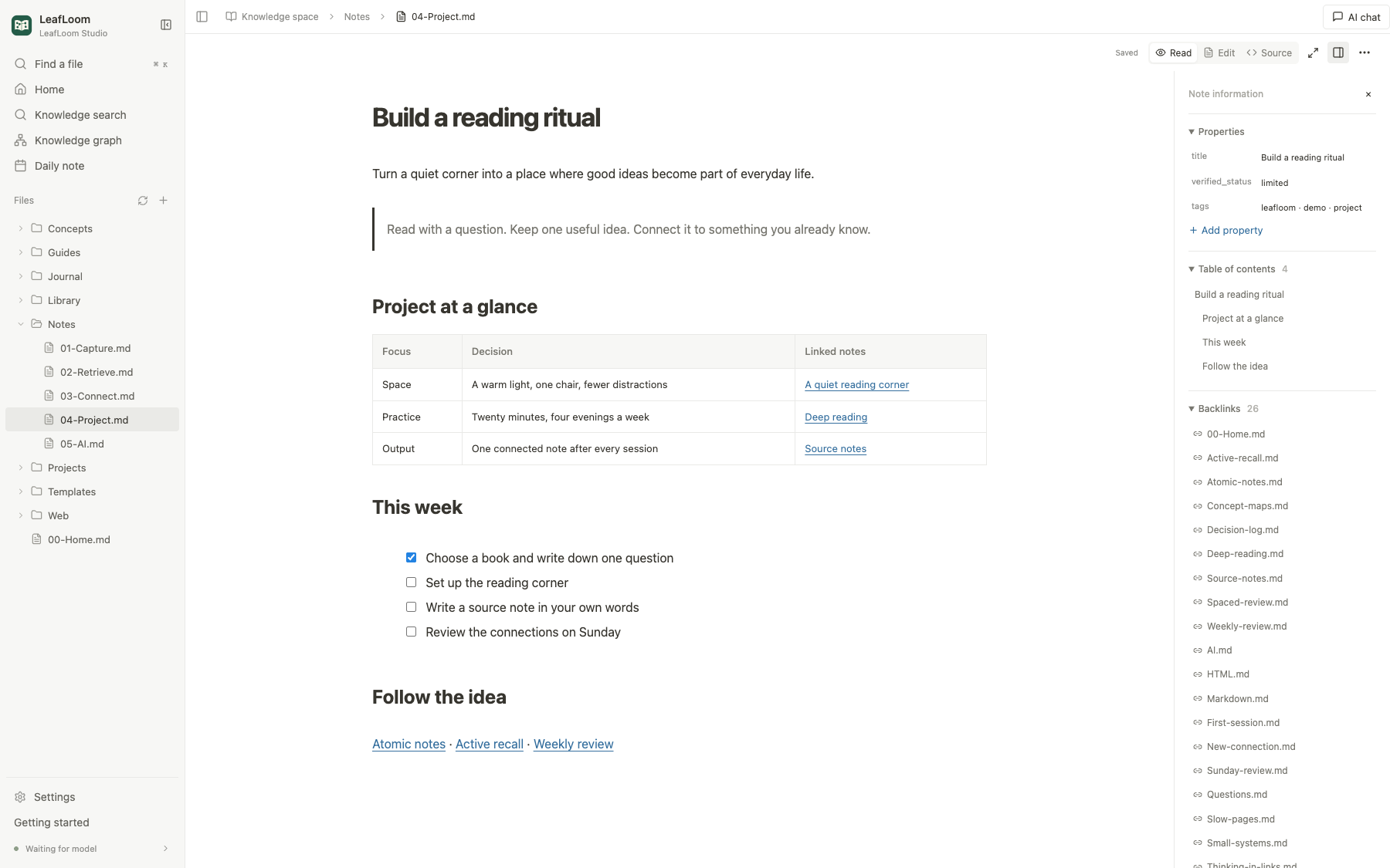 A Markdown note in LeafLoom with a table, tasks, outline and backlinks
