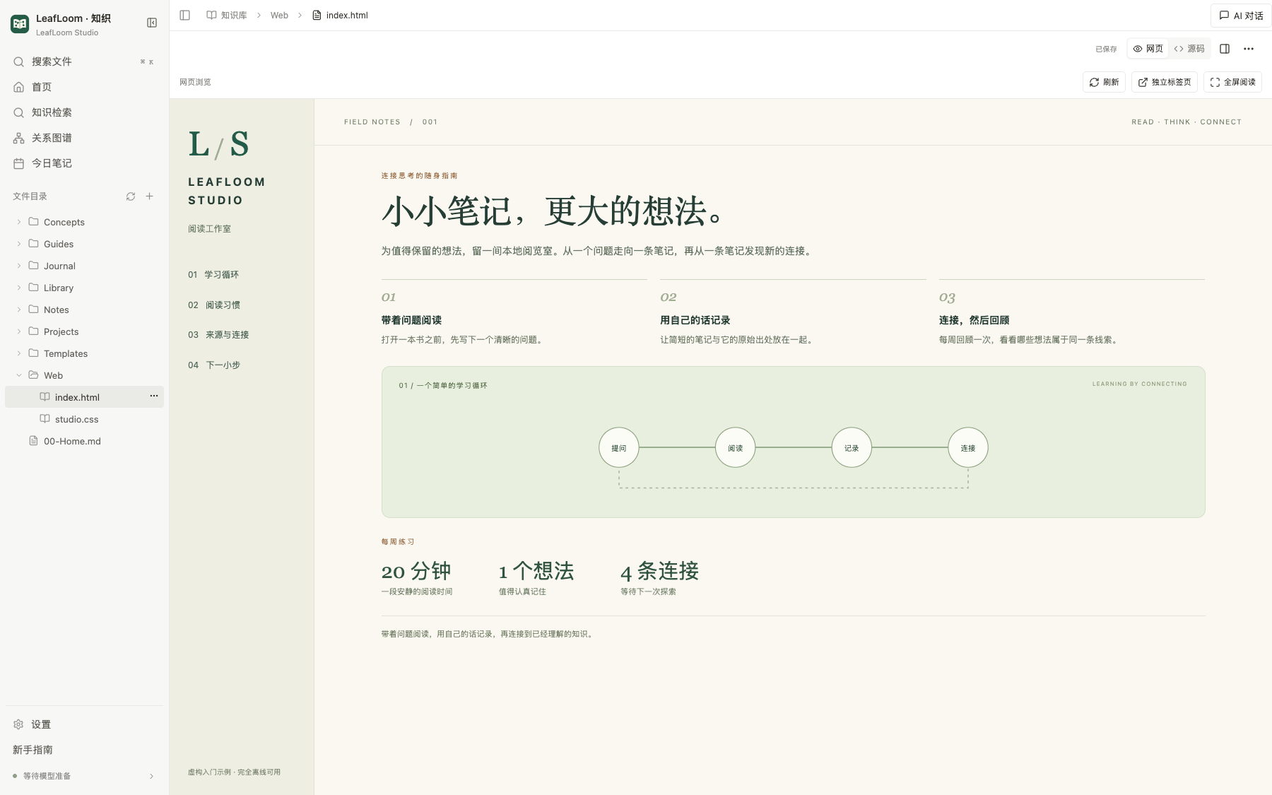 在 LeafLoom 内打开的本地 HTML 阅读室